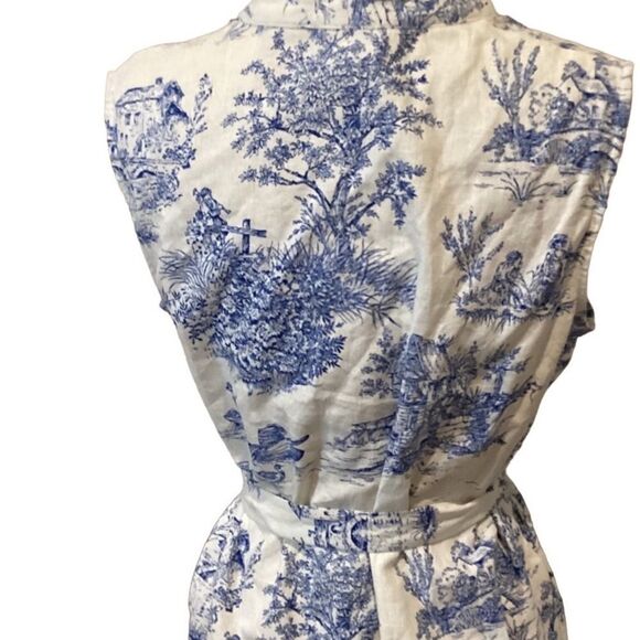 Chloe + Rene Linen blend Cottage Print Dress Blue and White Sleeveless M - Picture 4 of 16